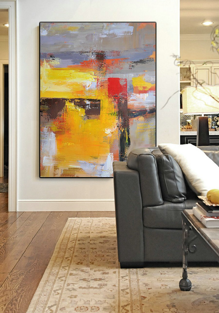 Hand Painted Acrylic Painting,Vertical Palette Knife Contemporary Art,Big Painting,Yellow,Red,Purple,Grey.etc